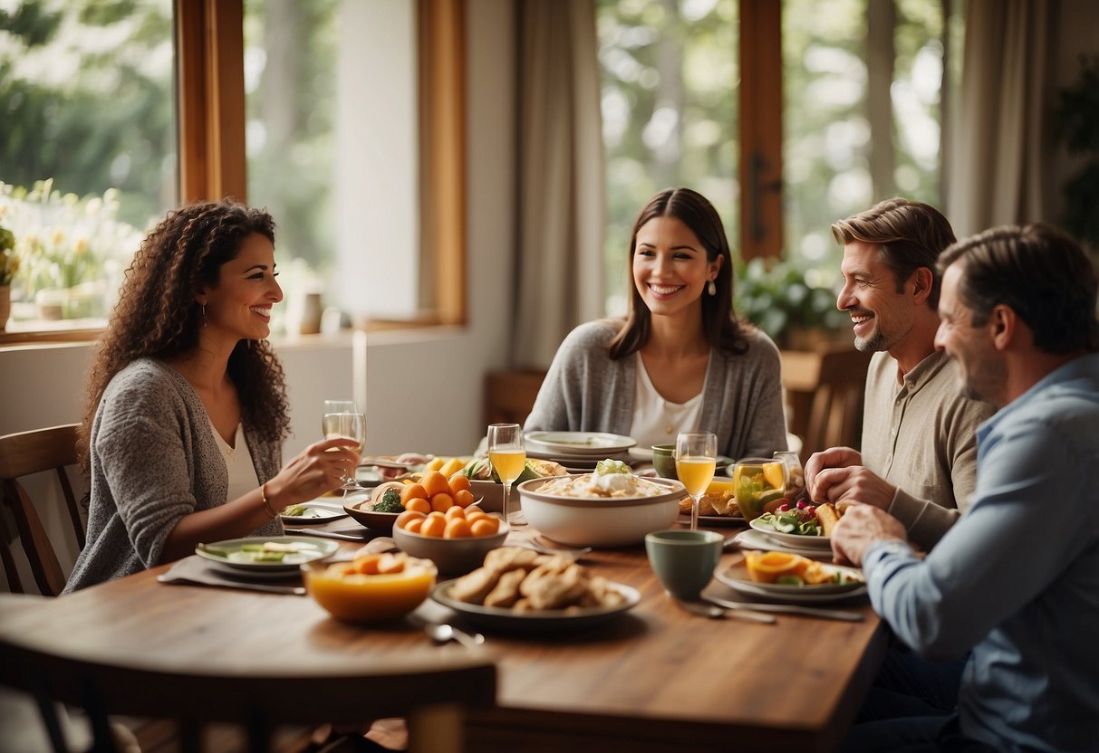 A dining table set with a colorful array of dishes and utensils, surrounded by smiling family members engaged in conversation and laughter. A warm, cozy atmosphere filled with love and tradition