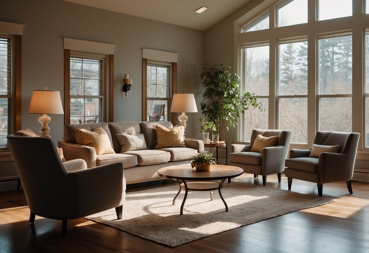 A cozy living room with a circle of chairs, where family members engage in open and honest conversations. A warm and inviting atmosphere with plenty of natural light streaming in through the windows