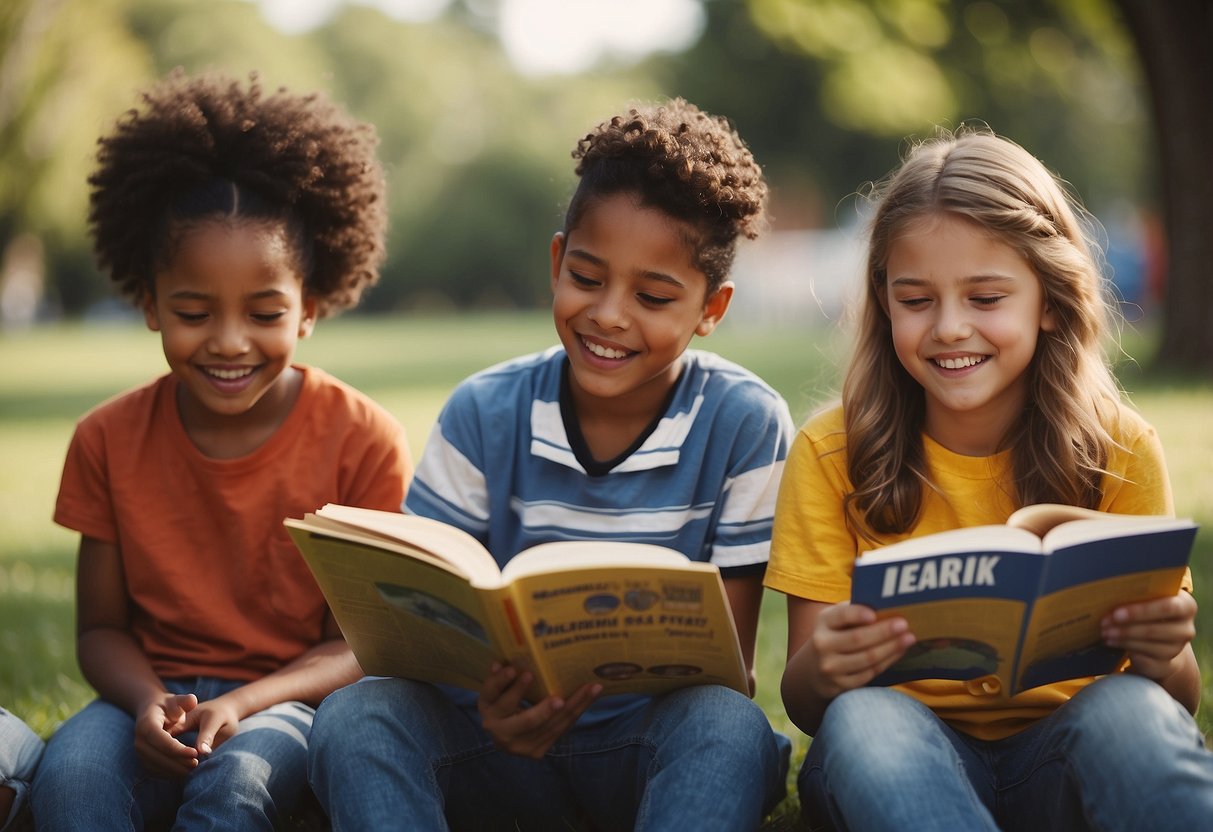 A group of children engaged in various educational and extracurricular activities, such as reading, painting, playing music, and participating in sports, with supportive parents cheering them on