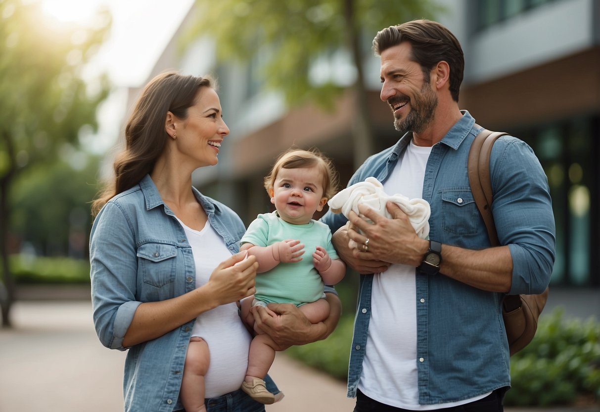 A mother and father stand side by side, each holding a baby bottle and a diaper bag. They are smiling and looking confidently toward the future