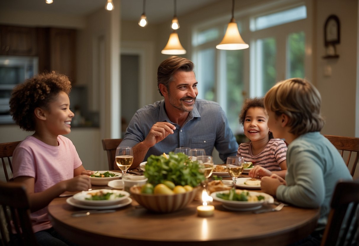 A family sitting around a dinner table, engaging in conversation and laughter. Different age groups are represented, showing the adaptability of the parenting style