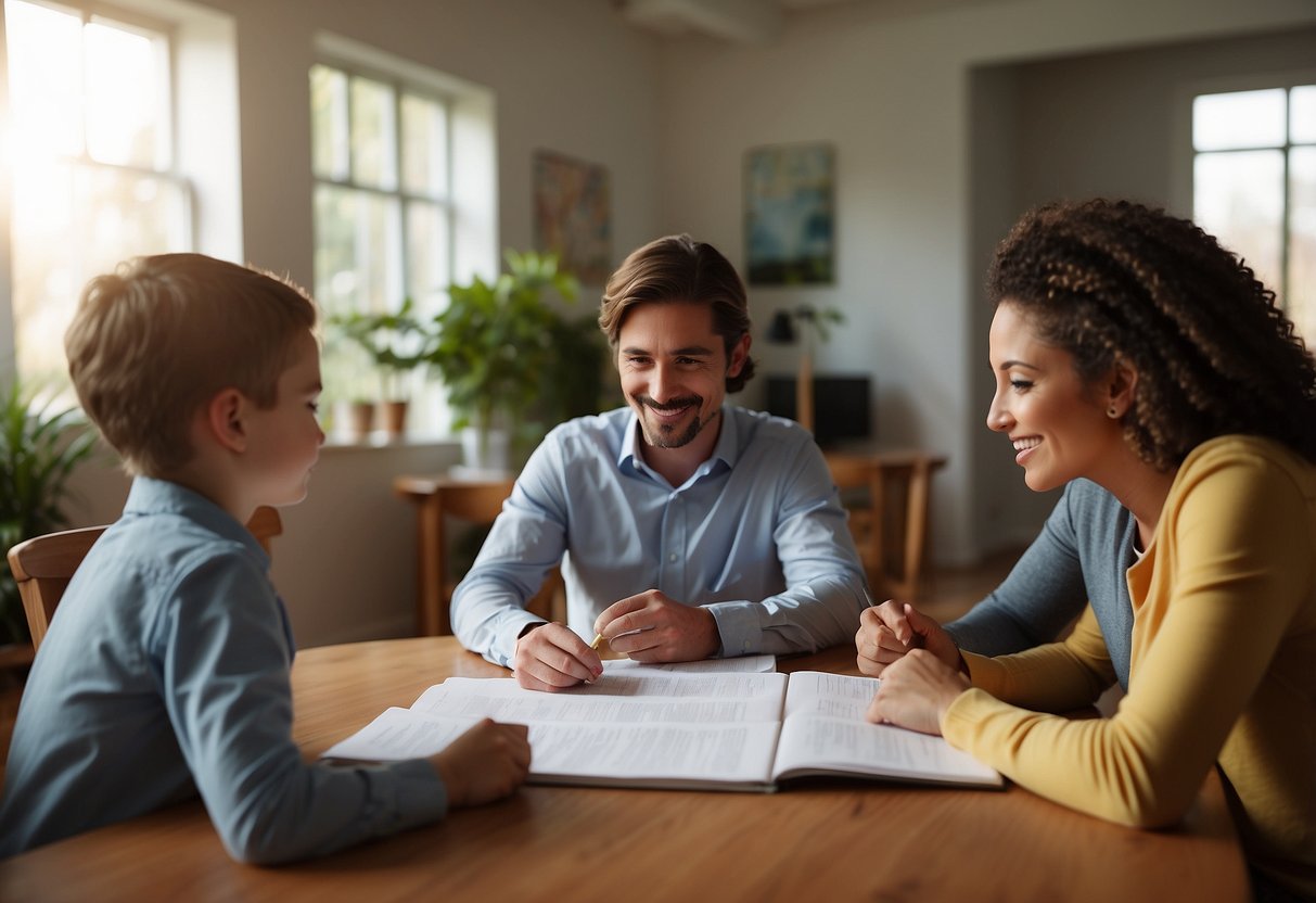 A family meeting around a table, discussing and setting shared parenting goals. Different parenting styles are represented through visual cues like parenting books and charts