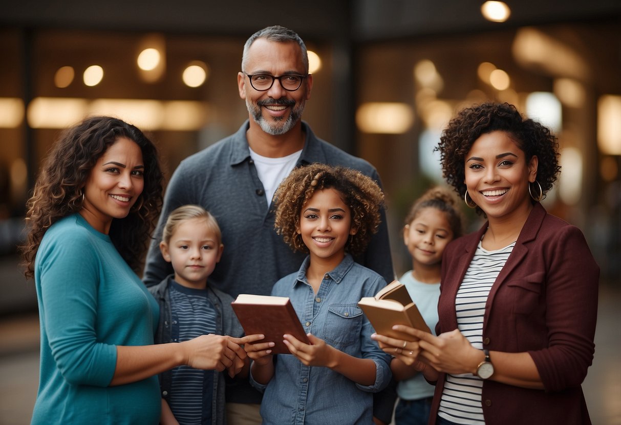 A diverse group of parents stand together, each holding a different parenting book. They are engaged in a respectful conversation, listening and nodding to each other's perspectives