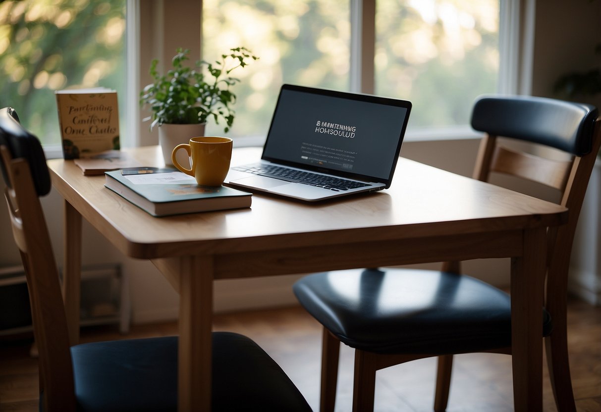 A kitchen table with two chairs pulled up to it, one chair with a stack of parenting books and the other with a laptop open to an article titled "8 Tips for Blending Different Parenting Styles in One Household."