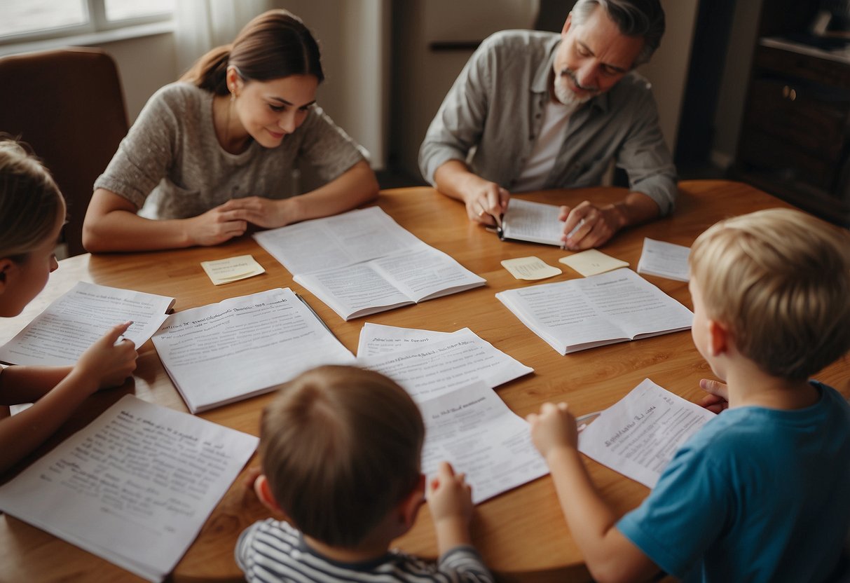 Family members sit around a table, discussing parenting styles. Notes and books on blending styles are scattered across the table