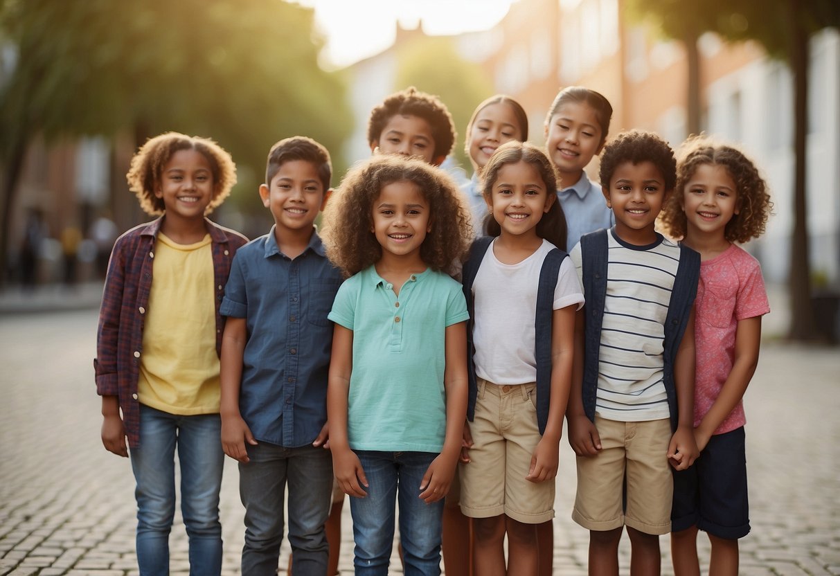 A group of children from different backgrounds stand together, holding hands and smiling. Their diverse parents stand behind them, showing unity and support