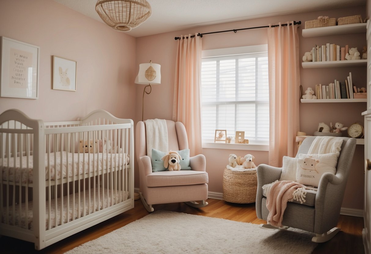 A bright nursery with soft pastel colors, a cozy rocking chair, and shelves filled with parenting books. A mobile hangs above the crib, and a gentle lullaby plays in the background