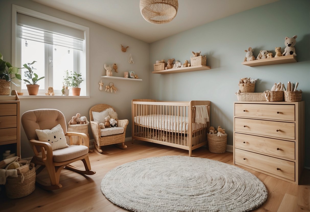 A peaceful nursery with natural materials and child-sized furniture, organized and uncluttered, with a variety of age-appropriate toys and activities