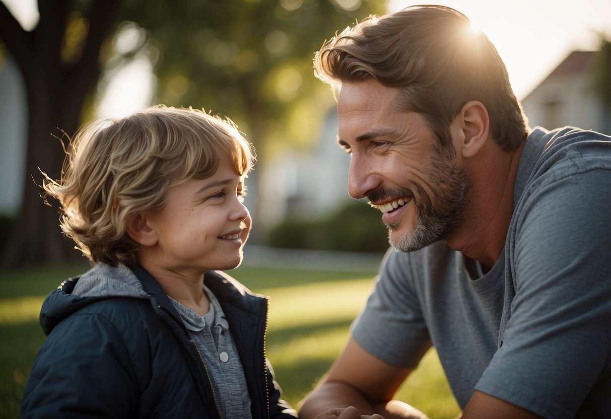 A parent gazes lovingly at their child, using gentle, affirming words. The child's face lights up with joy as they feel seen and understood