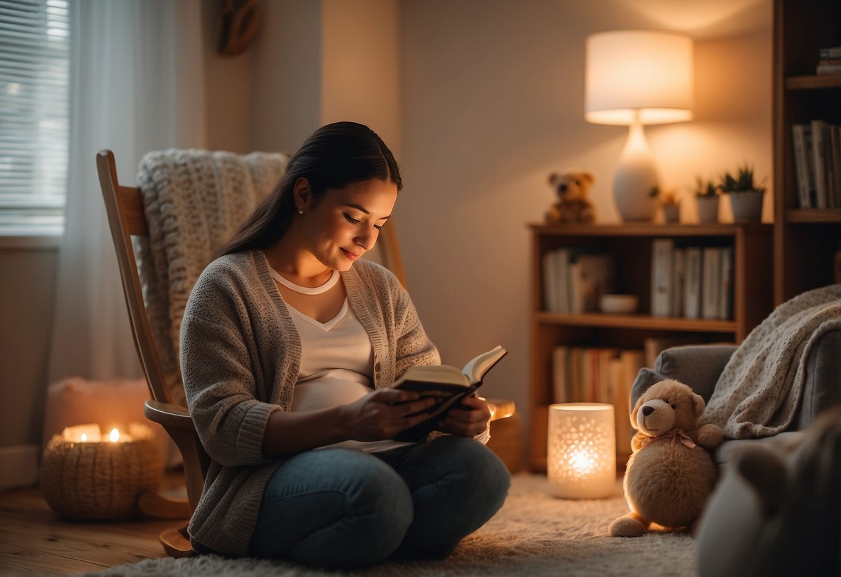 A cozy nursery with soft lighting and a rocking chair. A parent is soothingly reading a book to a baby while gentle music plays in the background