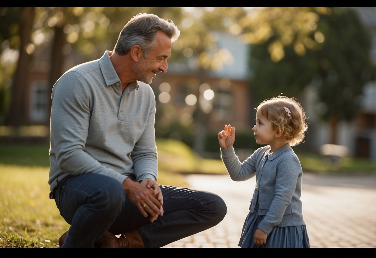 A parent calmly resolves conflict with a child, using empathy and understanding instead of punishment. They communicate openly and respectfully