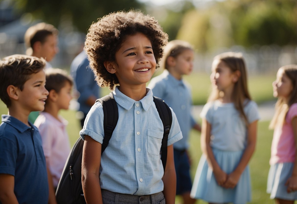 A child stands confidently, surrounded by supportive and understanding adults. They communicate calmly and respectfully, using positive reinforcement and problem-solving techniques