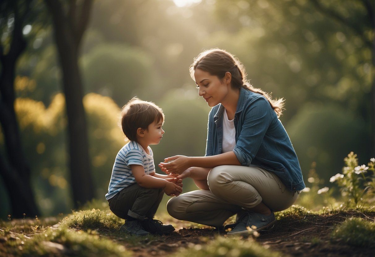 A child peacefully exploring nature with a calm caregiver, surrounded by open communication and mutual respect