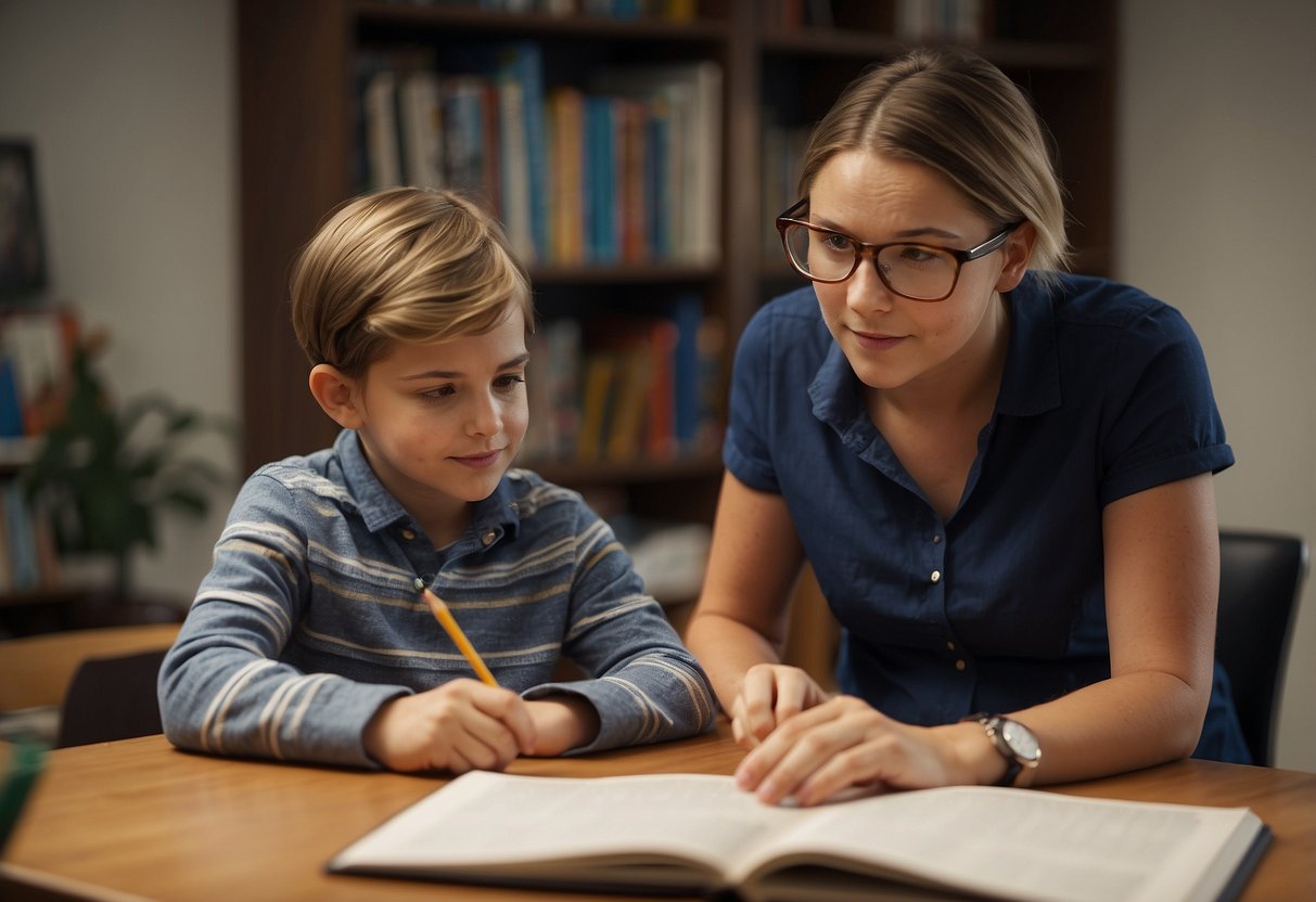 A stern parent stands over a child, pointing to a book while the child studies diligently at a desk. The room is filled with educational materials and trophies