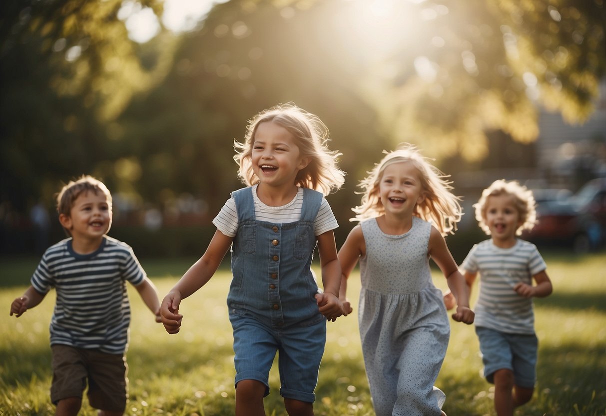 Children playing happily, surrounded by supportive and encouraging parents. Smiles and laughter fill the air, creating a warm and positive atmosphere