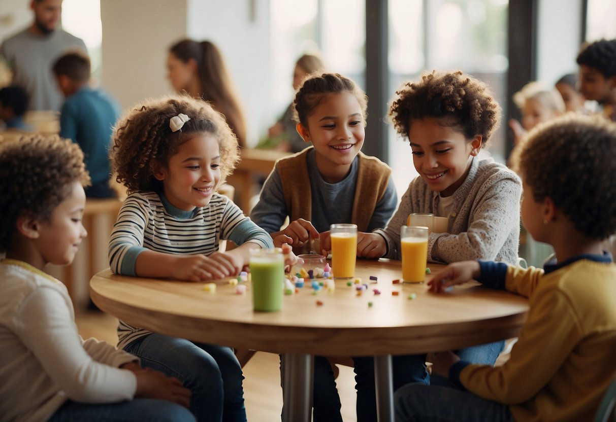 A group of children engaging in diverse activities, guided by parents using new parenting approaches. The scene showcases creativity, inclusivity, and open communication