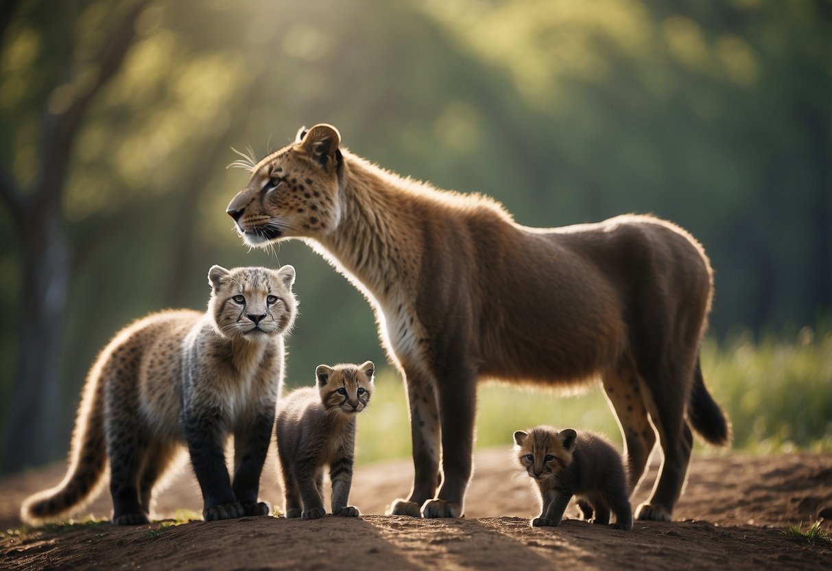 A diverse group of animals caring for their young in various ways, reflecting modern parenting styles based on ancient wisdom