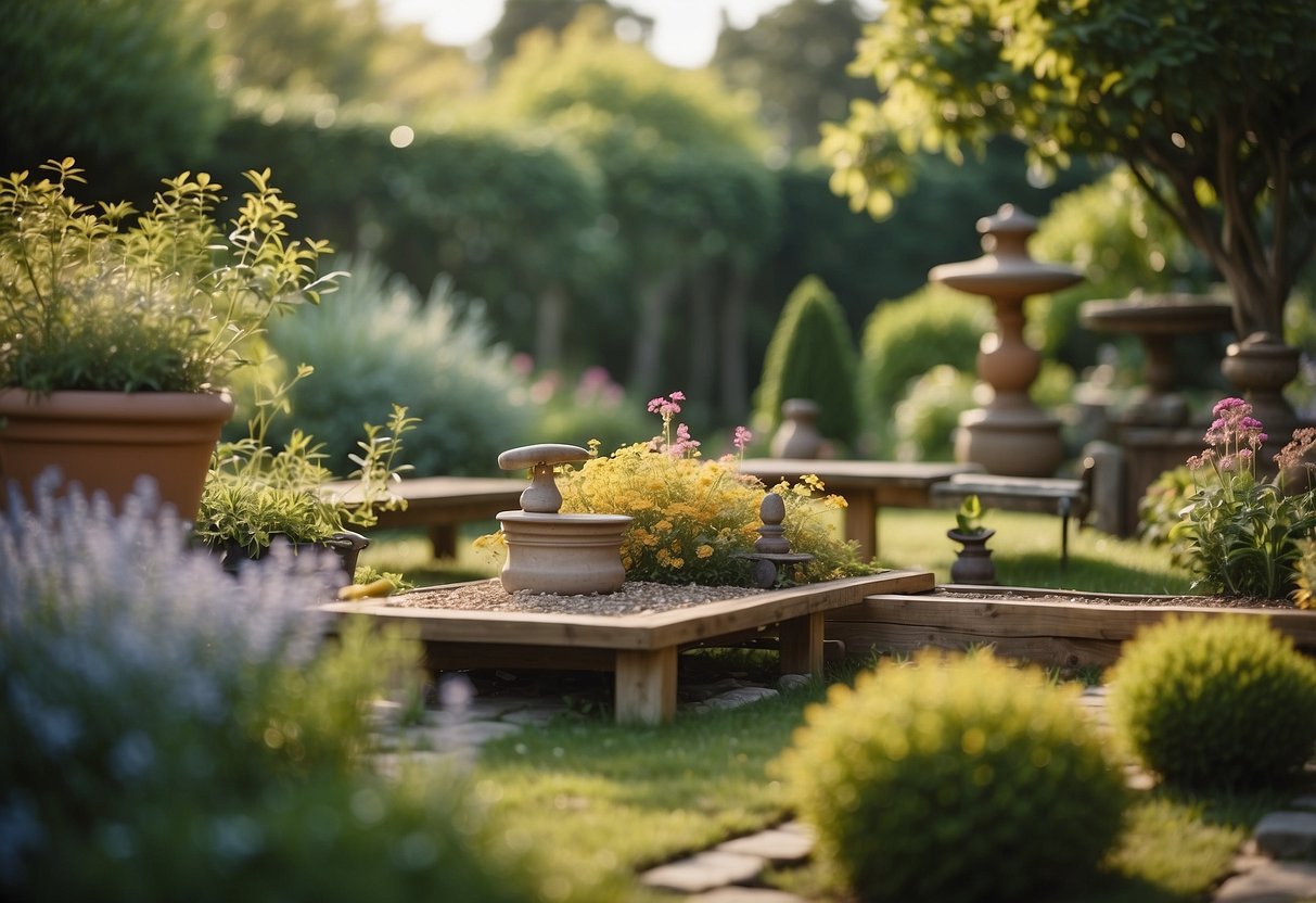 A serene garden with a mix of vibrant and calming colors, surrounded by ancient symbols and modern parenting tools, creating a harmonious and balanced atmosphere