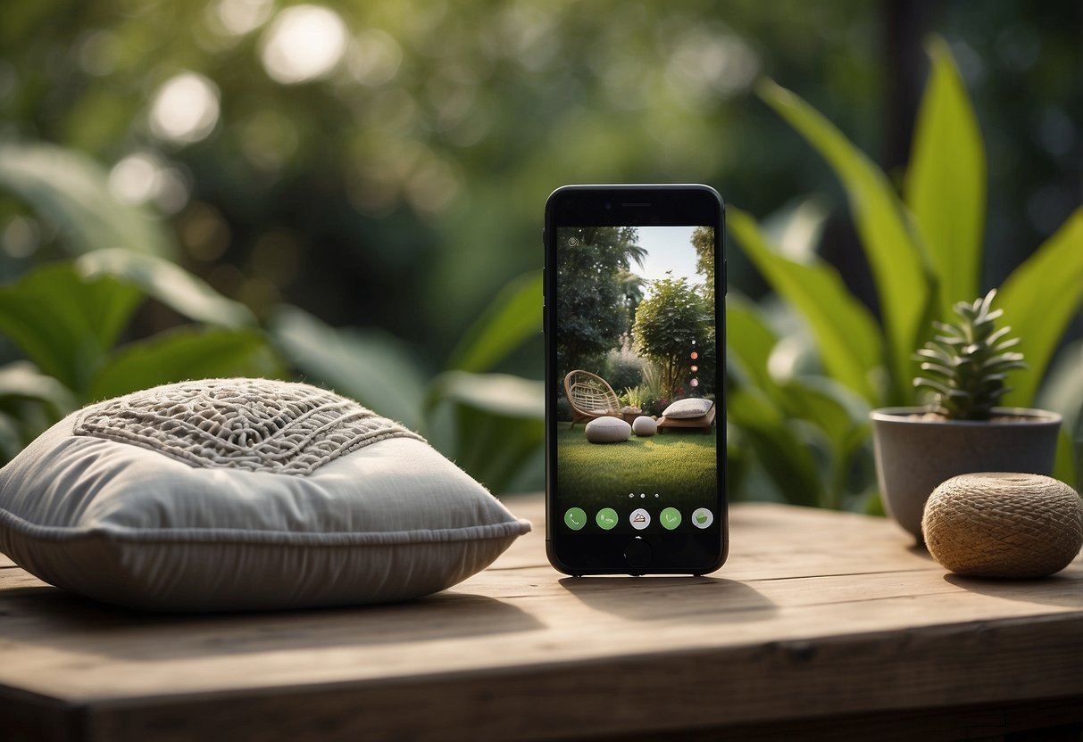 A serene garden with a mix of modern and ancient parenting symbols, such as a smartphone next to a traditional meditation cushion