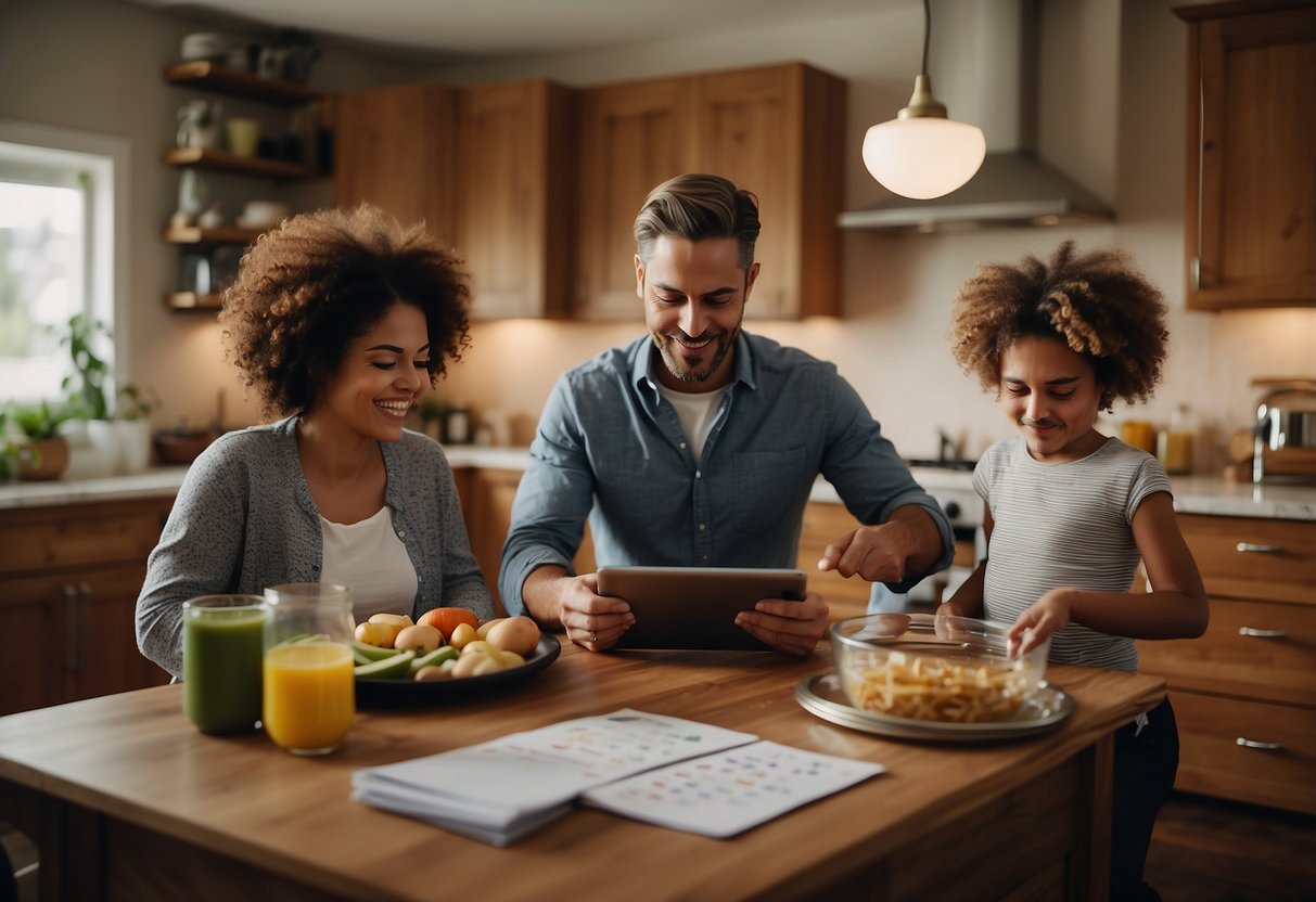 A bustling family kitchen with a calendar on the wall, a tablet on the counter, and a stack of parenting books. A parent multitasks while juggling work, meal prep, and engaging with their children