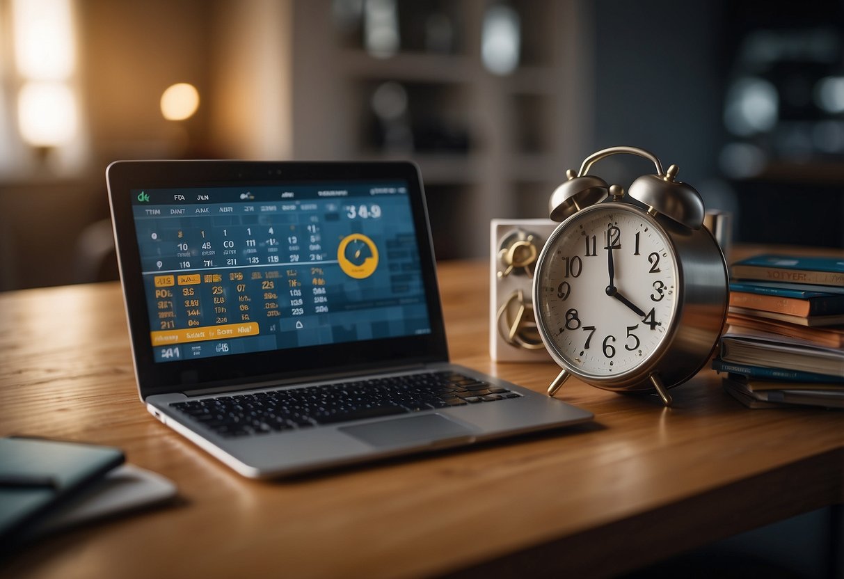 A clock showing different times of day, a laptop, a child's toy, a calendar with family events, and a parent multitasking