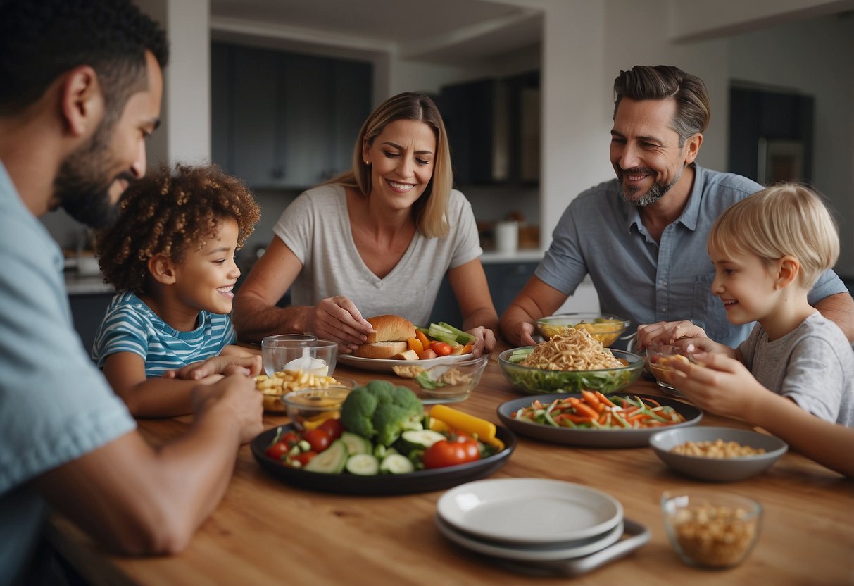 A busy family sits around a table, surrounded by meal planning apps and parenting books. The parents discuss different approaches while the children play in the background