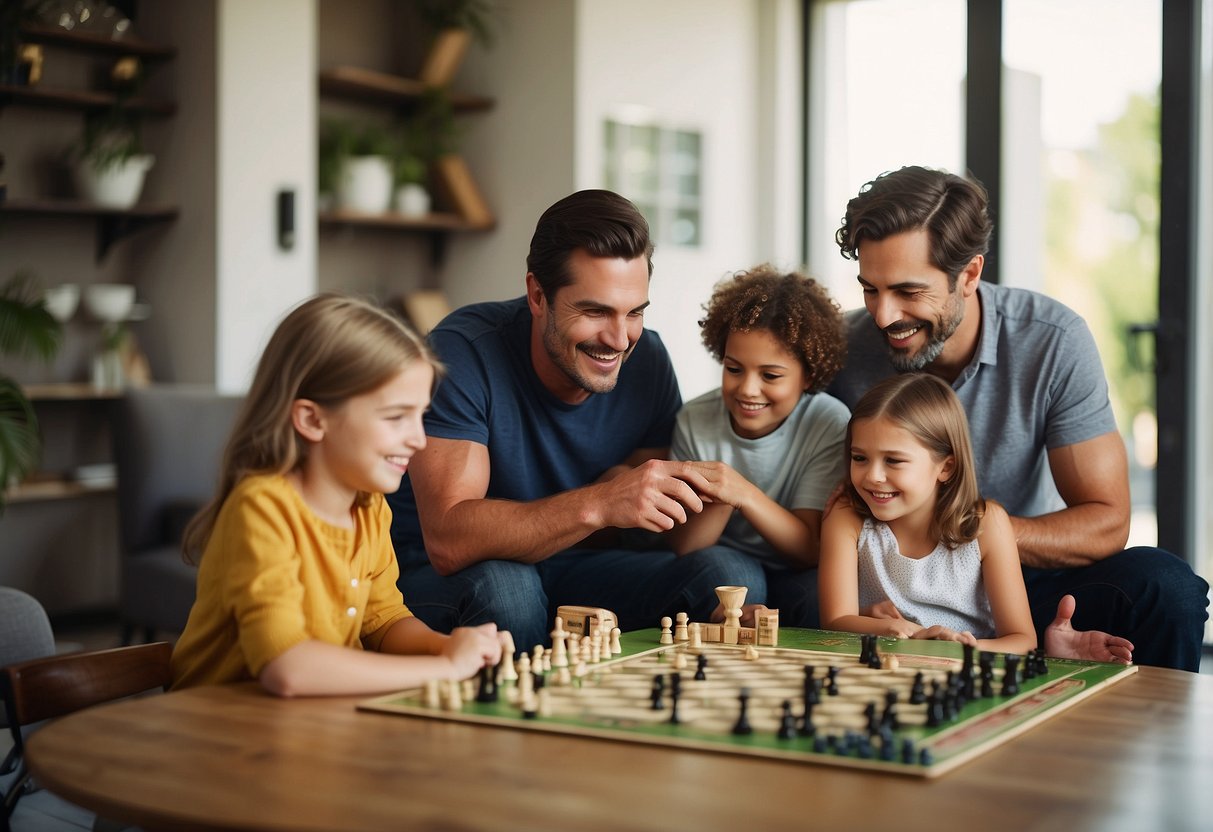 A family sits together around a table, engaging in various activities such as board games, reading, and conversation. The atmosphere is warm and inviting, with smiles and laughter filling the room