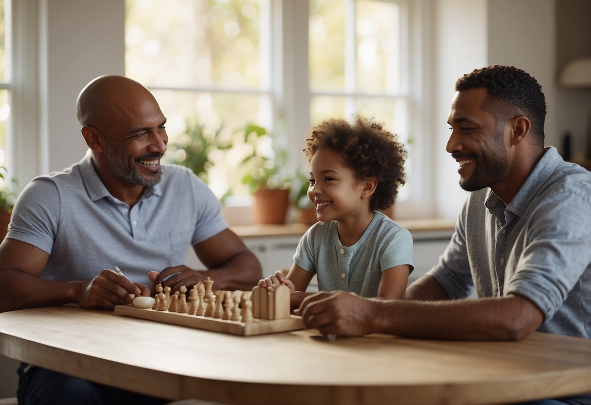 A busy family sits around a table, engaging in open and respectful conversation. A parent uses positive reinforcement and active listening to guide their children