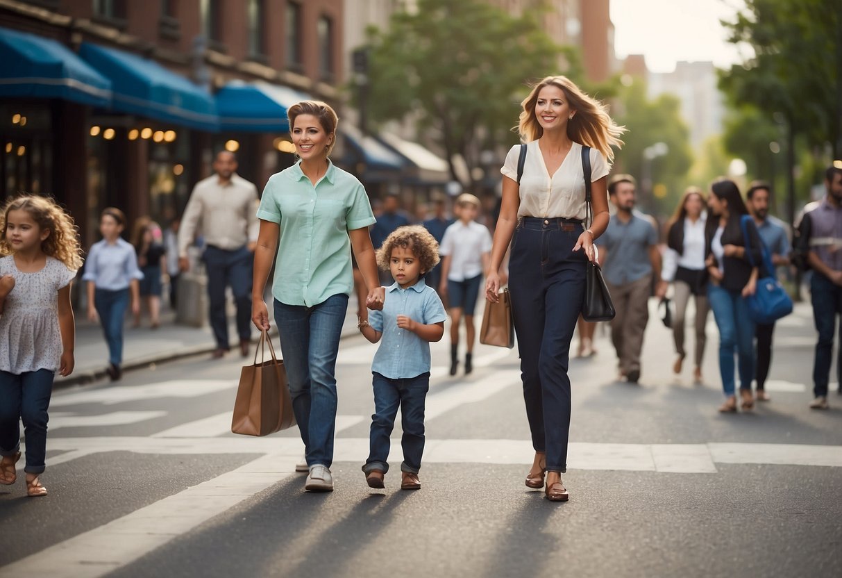 A bustling city street with parents juggling work, school, and activities. A mix of traditional and modern parenting methods evident in the diverse families