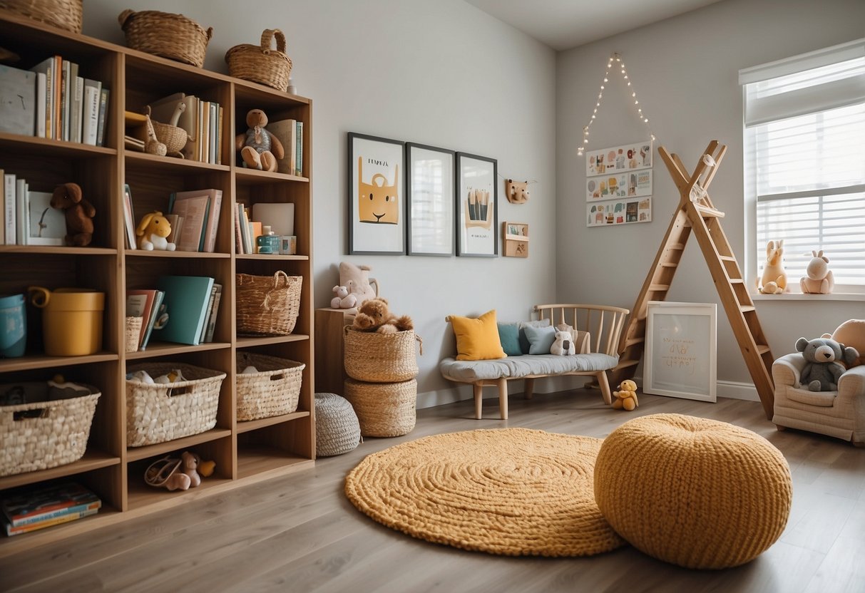 A modern nursery with gender-neutral colors and minimalist furniture. A diverse bookshelf filled with inclusive children's literature. A play area with open-ended toys and educational materials. A family calendar displayed prominently to encourage organization and communication. A cozy reading nook with