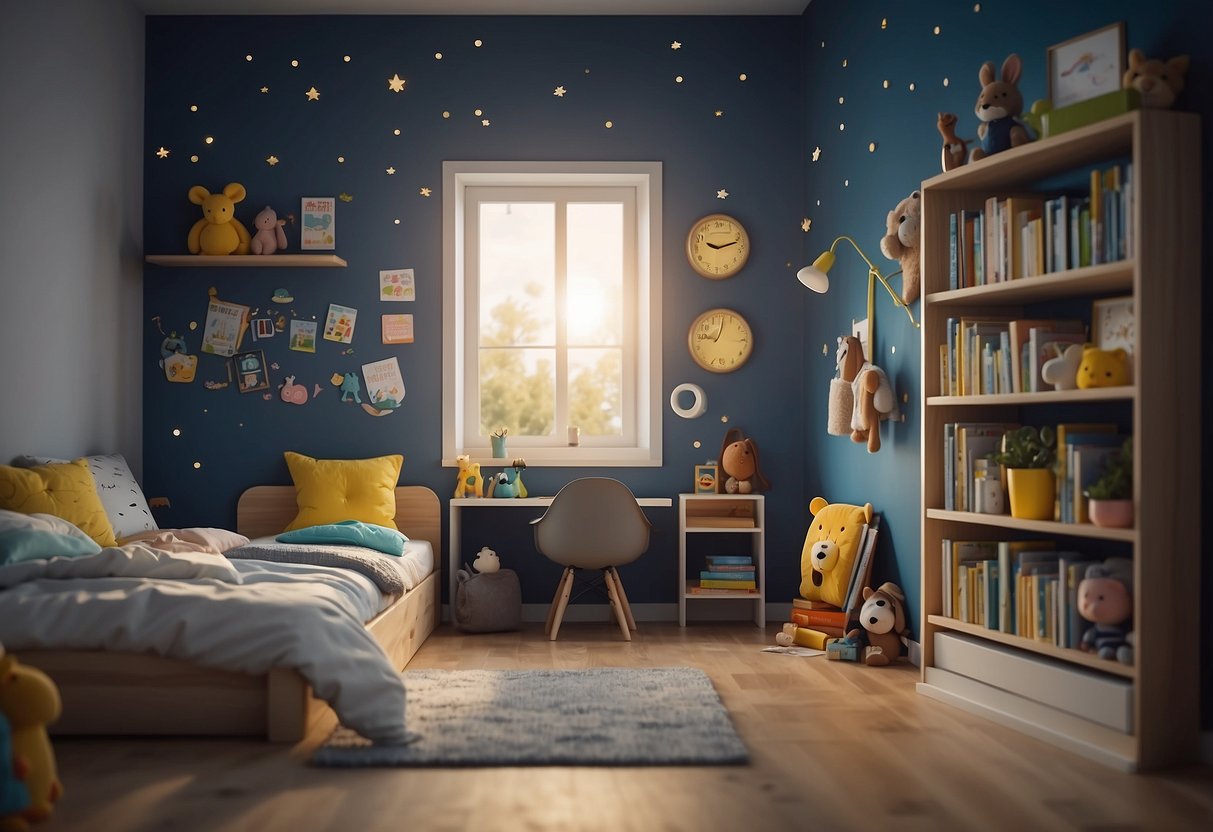 A child's bedroom with a clock showing different bedtime options, a bookshelf filled with diverse children's books, a tablet or laptop displaying educational content, a cozy reading nook, and a calendar with scheduled family activities