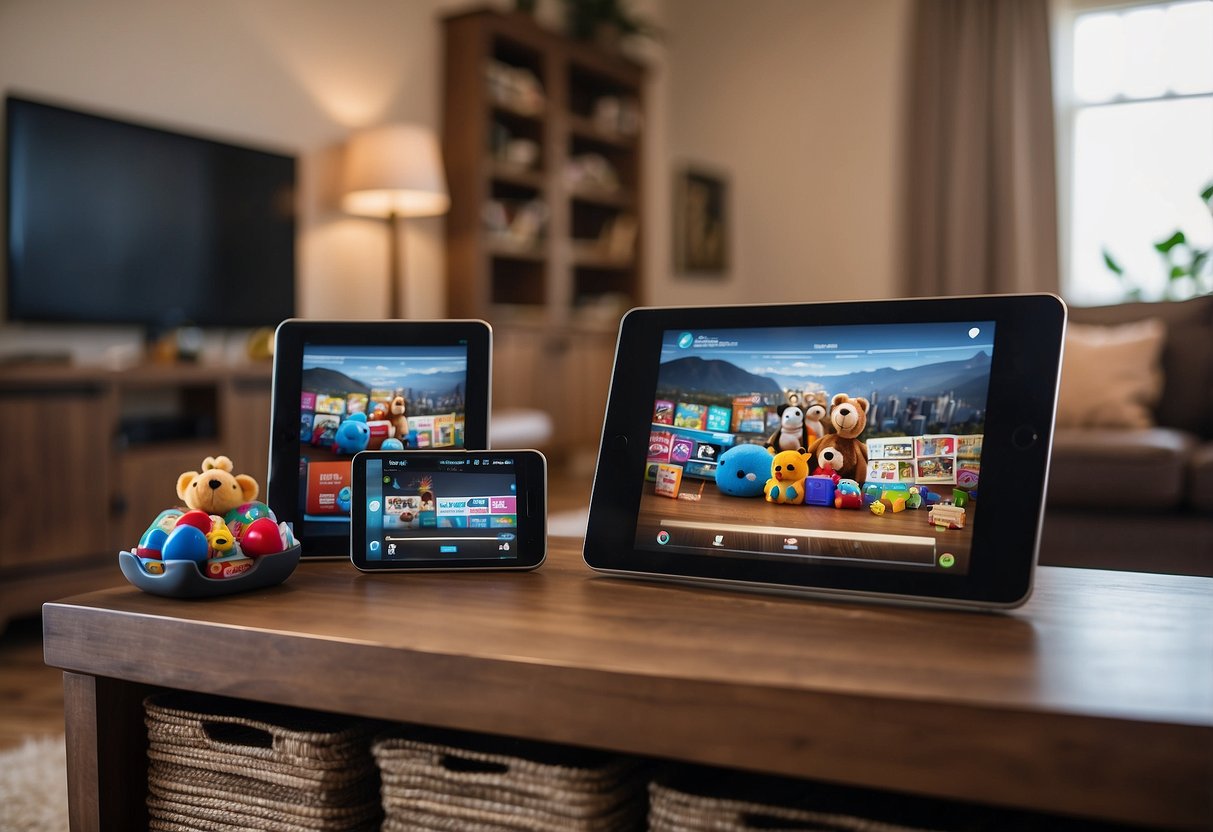 A family room with a cozy sofa and a modern, sleek TV displaying educational content. A tablet and a smartphone sit nearby, with books and toys scattered around