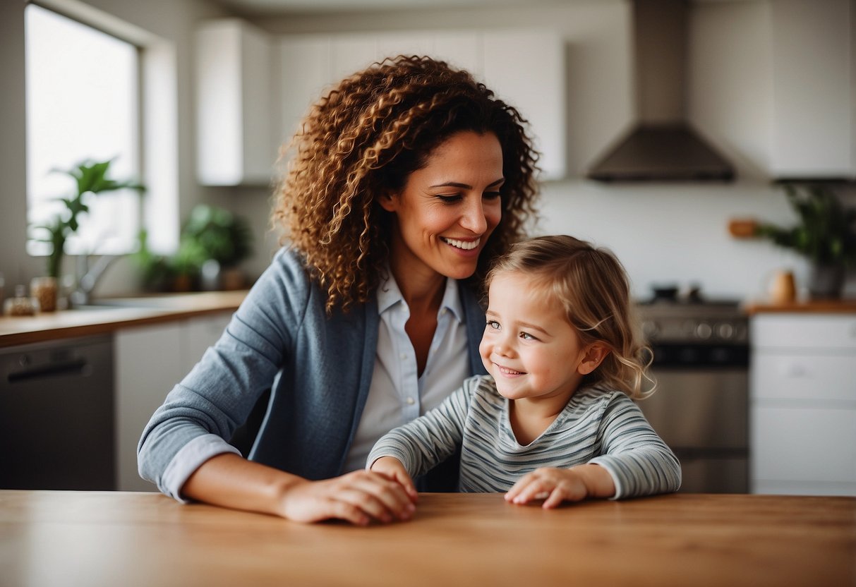 A modern parenting scene: A parent using positive reinforcement, setting clear boundaries, promoting independence, and fostering open communication with their child