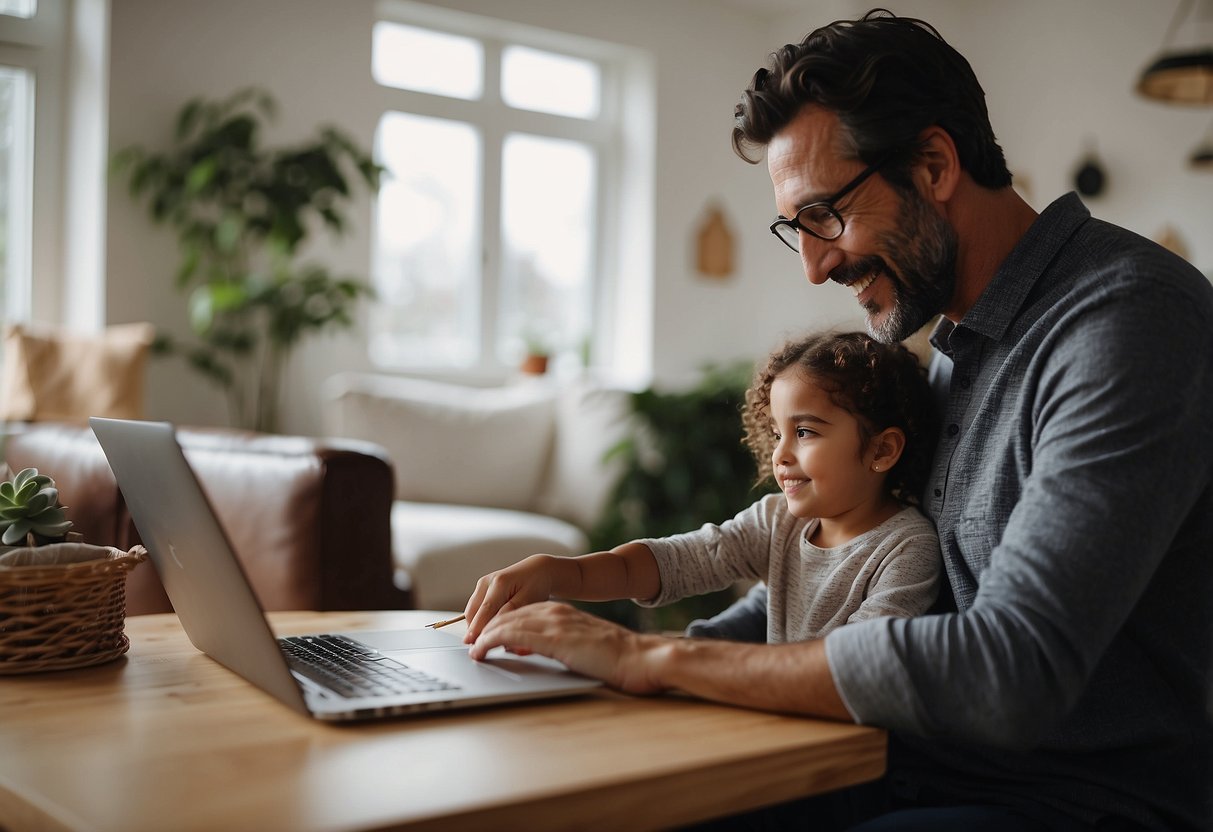 A modern parent using technology to connect with their child, multitasking while working from home, promoting independence and self-expression, and fostering open communication