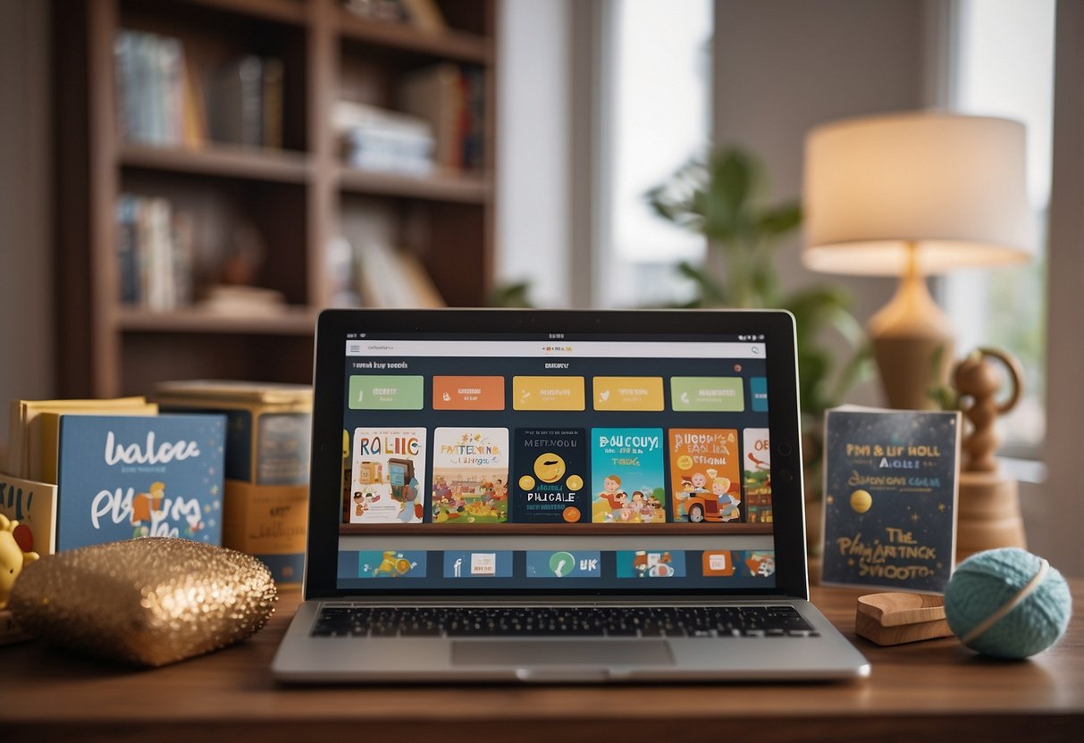 A modern living room with traditional parenting books on a shelf, a tablet displaying parenting blogs, a family calendar on the wall, and children's educational toys scattered on the floor