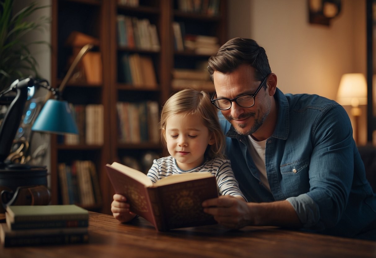 A parent reading a book to a child, surrounded by modern technology and traditional cultural symbols