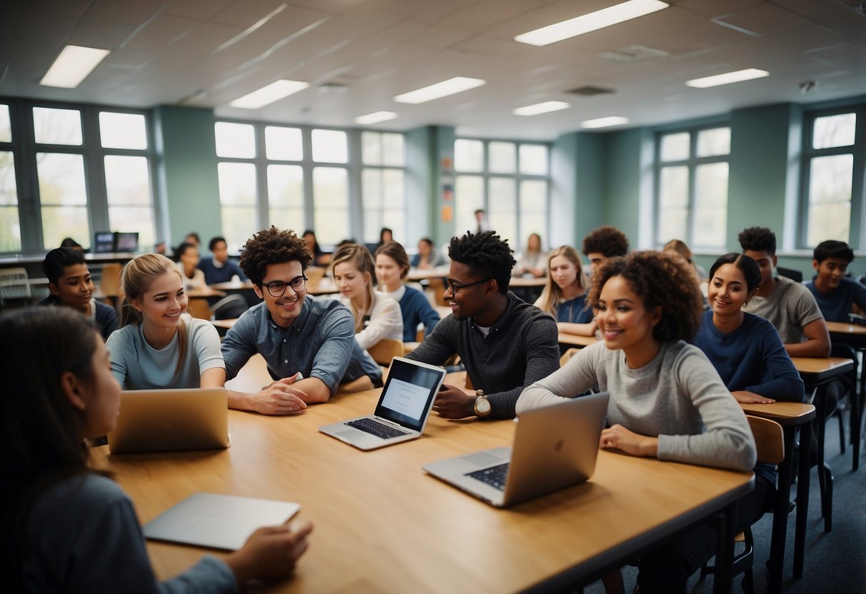 A modern classroom with students using tablets and laptops, while a teacher guides them through interactive lessons. The room is filled with technology, but still maintains a warm and inviting atmosphere