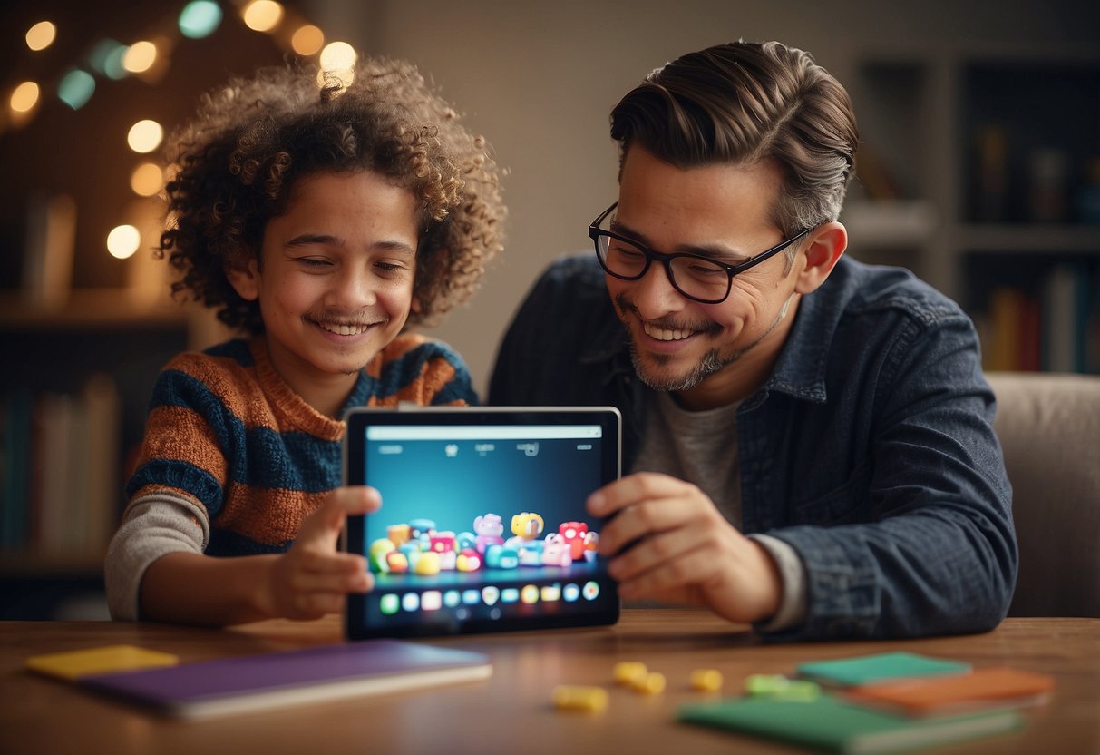 A child holds a tablet while a parent looks on, smiling. Toys and books are scattered around, symbolizing a blend of modern technology and traditional learning methods