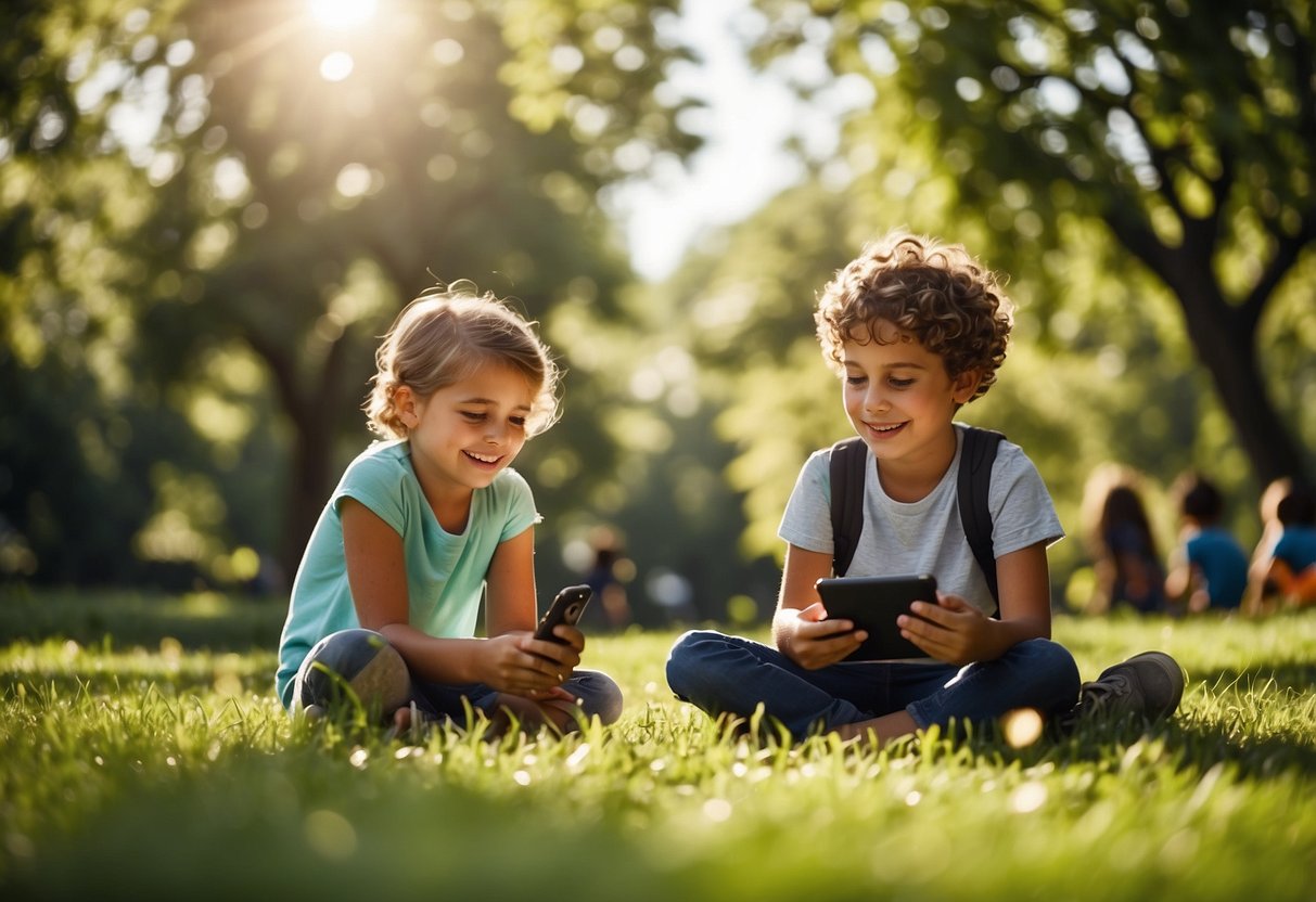 Children playing outdoors, surrounded by trees and greenery. A tablet or smartphone sits untouched nearby. The sun is shining, and the children are smiling and engaged in physical activity