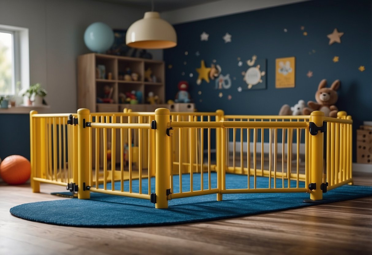 A child's play area with safety gates, cushioned flooring, and childproof locks on cabinets. Modern parenting books and devices are scattered around