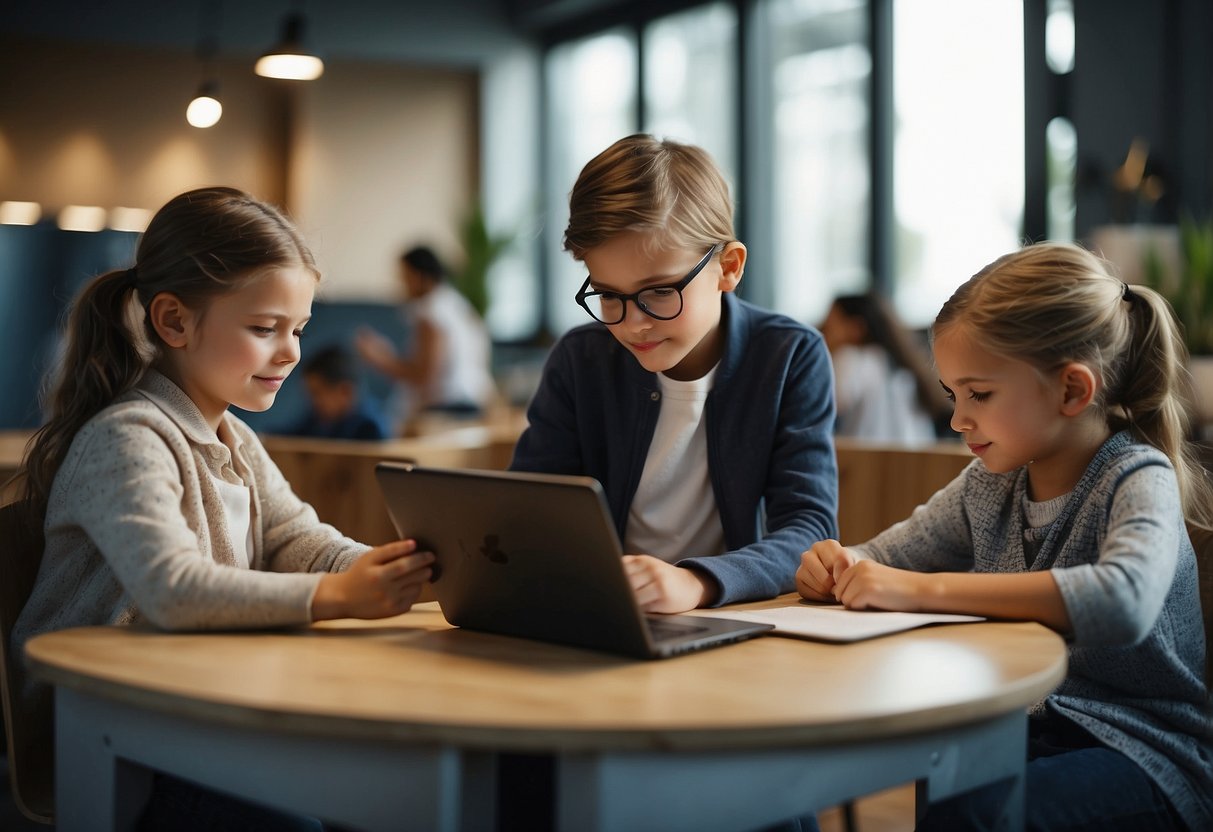 Children confidently completing tasks on their own, parents offering guidance from a distance, using technology to monitor progress and communicate