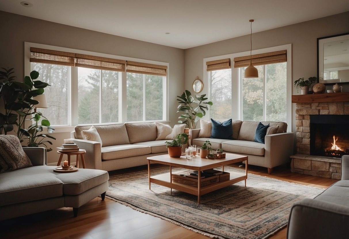 A modern home with traditional elements, such as a cozy living room with a mix of vintage and contemporary decor. A parent multitasks, balancing work and family life while incorporating traditional parenting styles