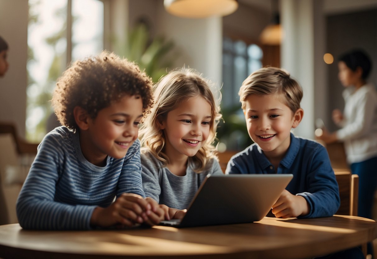 Children engaging with various tech devices, while parents observe and interact positively. Digital screens and gadgets are integrated into everyday family life