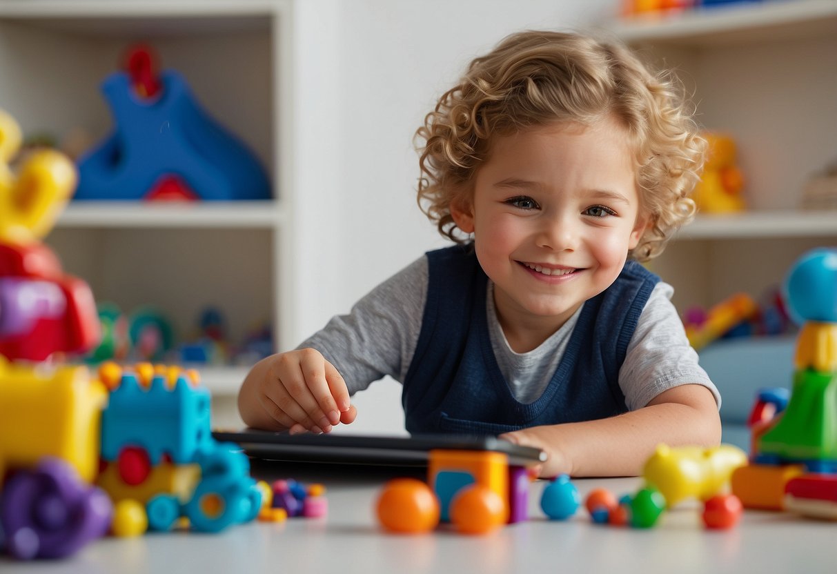 A child sitting in front of a tablet, surrounded by educational toys. A parent looks on, smiling, as the child engages with the screen