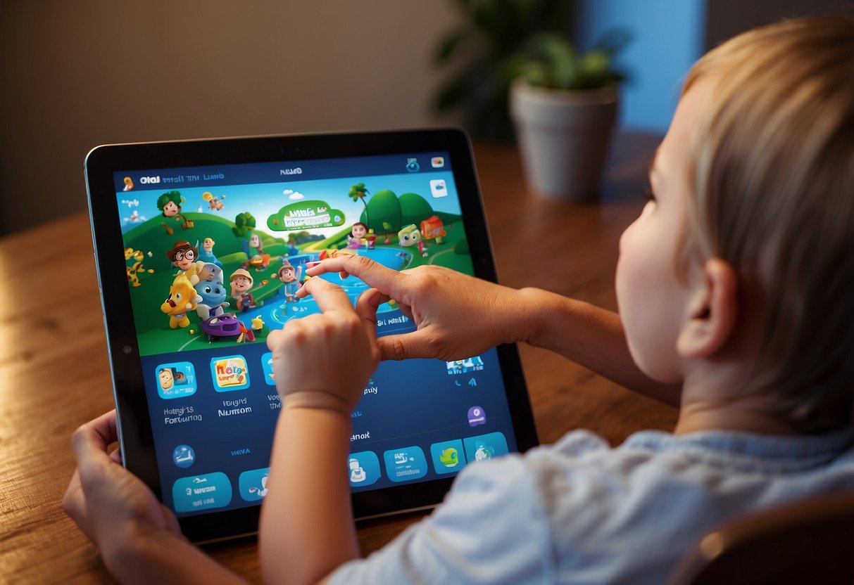 A child's hand reaches out to touch a digital storybook on a tablet, while a parent looks on with a smile, embracing the use of technology and screen time for learning and bonding