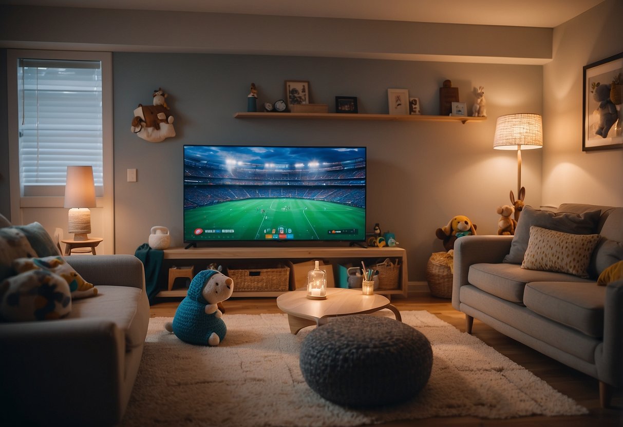 A cozy living room with a large screen TV and various streaming devices. Children's toys scattered around. Parents engaging with kids while using tablets and smartphones