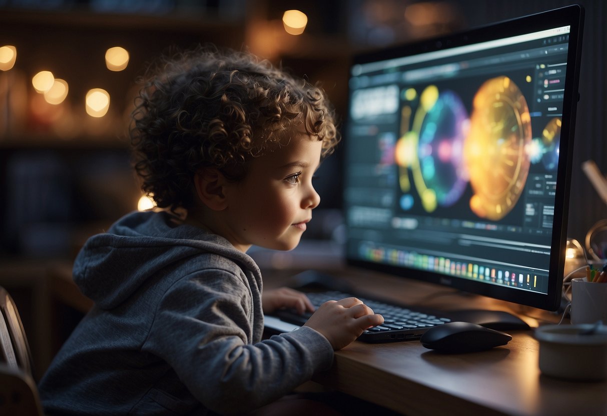 A child sits in front of a screen, surrounded by digital art tools. The parent looks on, embracing technology and screen time in their parenting approach