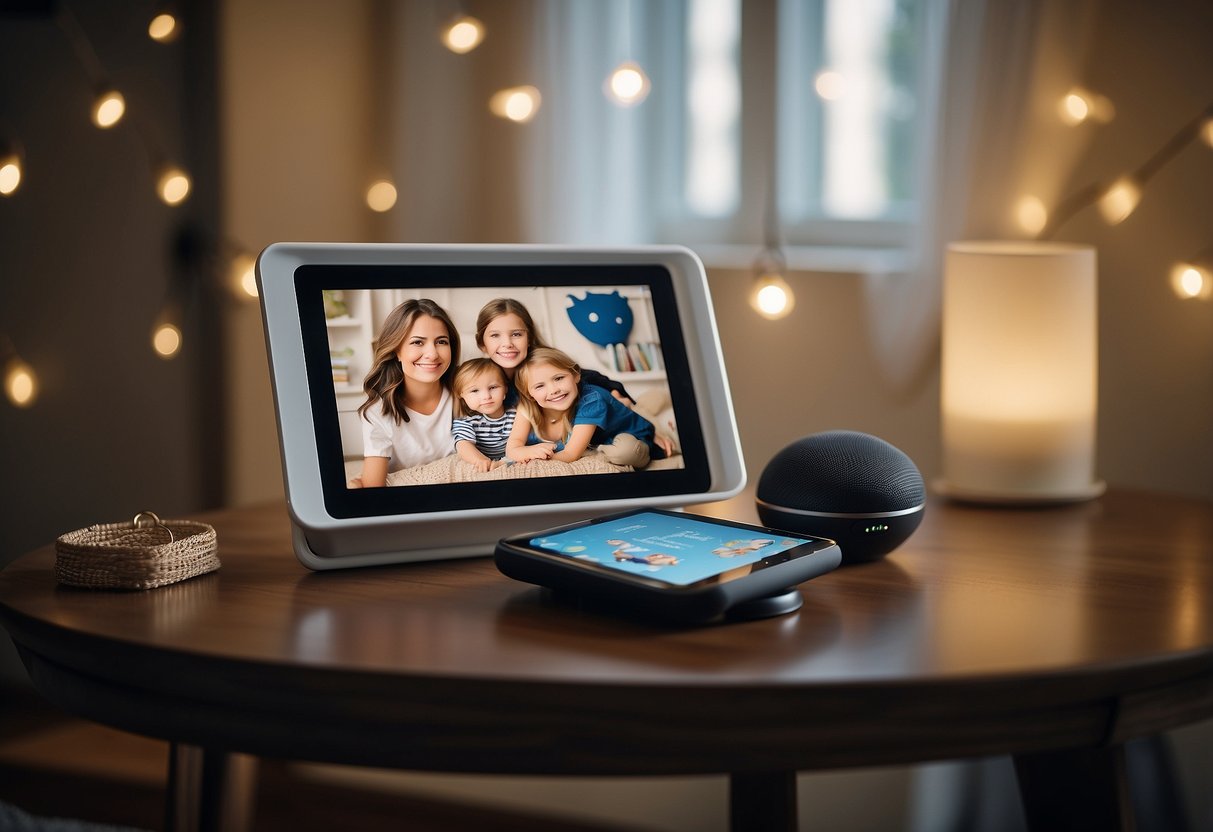 A child's room with a tablet on the bedside table, a smart speaker on the desk, and a digital picture frame displaying family photos