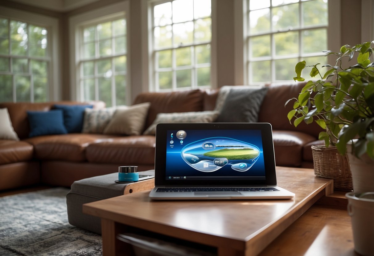 A family room with a cozy couch and a large, bright window. A child's tablet and a parent's smartphone are placed on a designated charging station