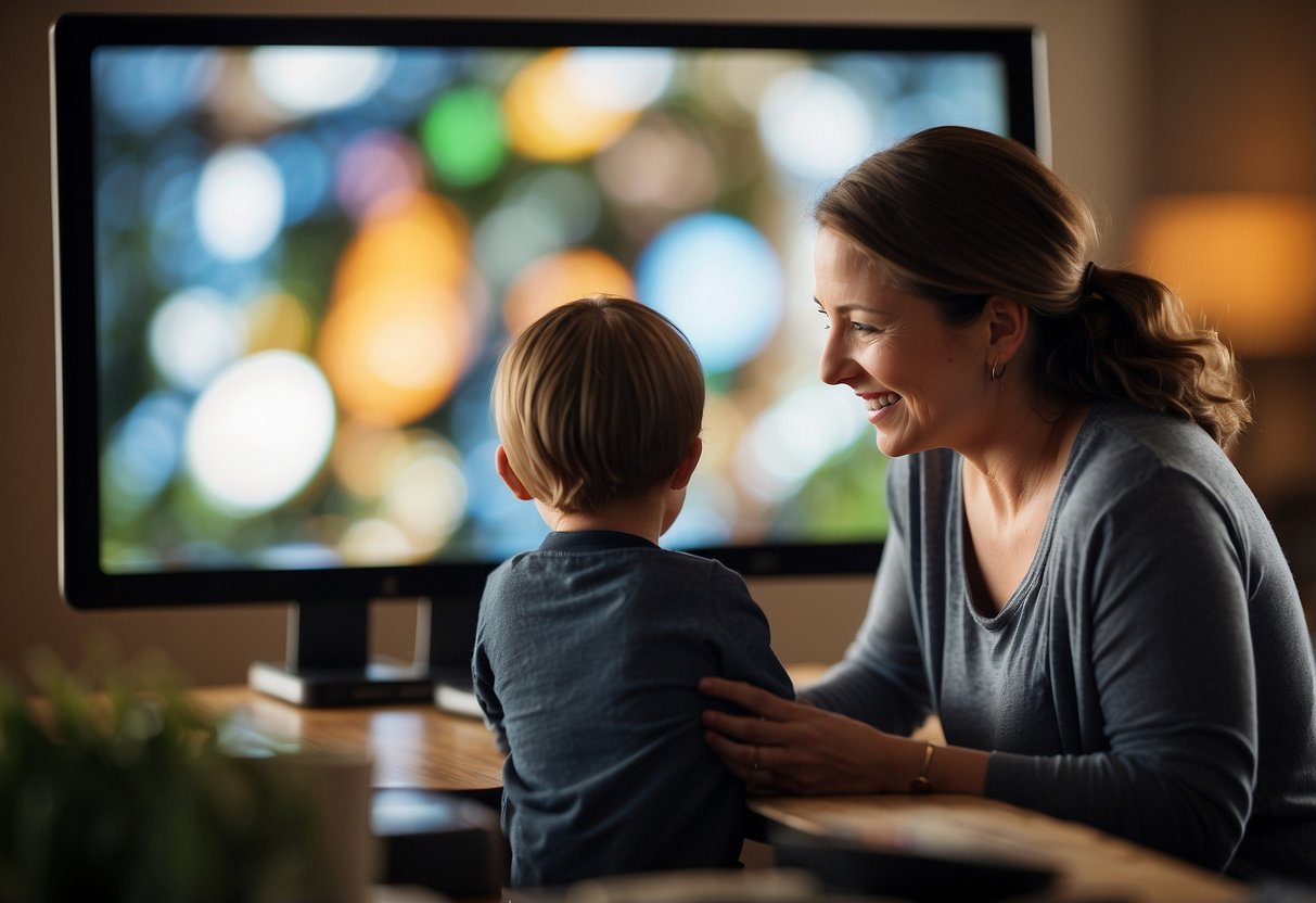 A parent using a tablet to access parenting resources while a child watches educational content on a nearby screen